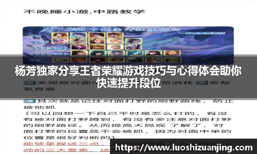 杨芳独家分享王者荣耀游戏技巧与心得体会助你快速提升段位